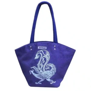 Blue jute tote bag with white print and cotton handles for wholesale export