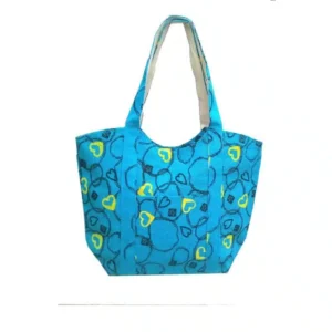 Blue laminated jute tote bag with yellow and black print and inner zip pocket