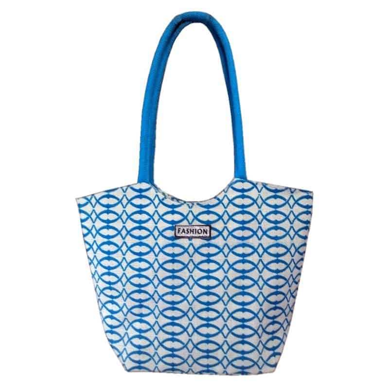 Pink laminated jute tote bag with blue polka dots and zipper closure