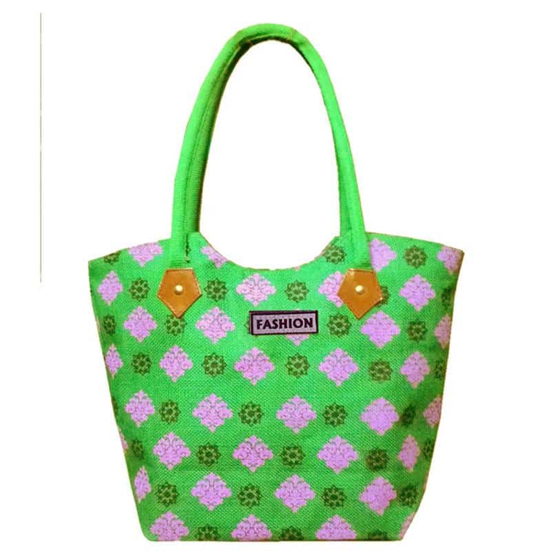 Premium light green laminated jute tote bag with grey print and zip closure