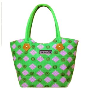 Green laminated jute handbag with zipper and cotton handles