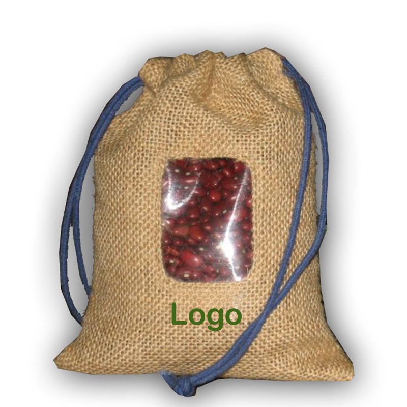 Natural Jute Drawstring Pouches Wholesale with Optional PVC Window and Custom Logo Printing