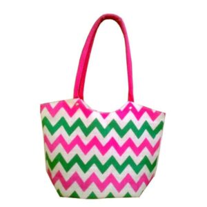 Laminated Jute Tote Bag 1131 with white body and pink light green chevron print, inner polyester lining, zipper, and long cotton handles, ideal for wholesale export.