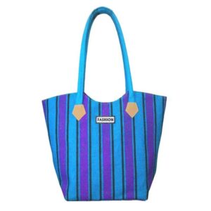 Blue laminated jute tote bag with reinforced handles and inner lining for boutique export