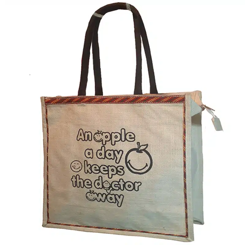 Premium white laminated jute shopping bag with black handles and custom branding space