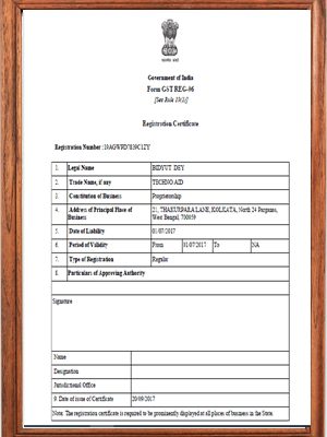 Government of India Goods and Services Tax (GST) Registration Certificate - Techno Aid India