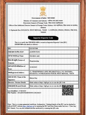 Director General of Foreign Trade (DGFT) IEC Import Export Code License - Techno Aid India